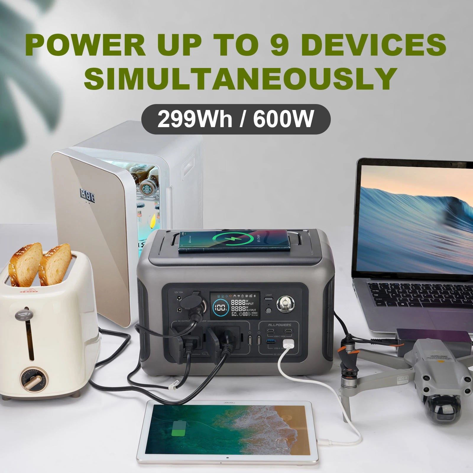 ALLPOWERS Portable Power Station R600, 299Wh LiFeP04 Battery with 2x 600W (1200W Surge) AC Outlets for Outdoor Camping RV Home - Image 4