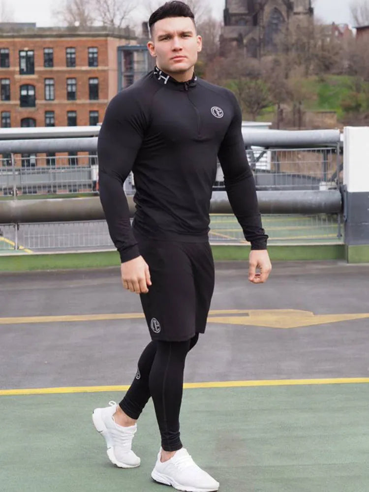 Men's 3-Piece Skinny Fitness Tracksuit Set: Long Sleeve Sportswear + 2-in-1 Cycling Leggings - Image 2