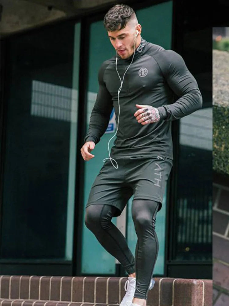 Men's 3-Piece Skinny Fitness Tracksuit Set: Long Sleeve Sportswear + 2-in-1 Cycling Leggings - Image 3