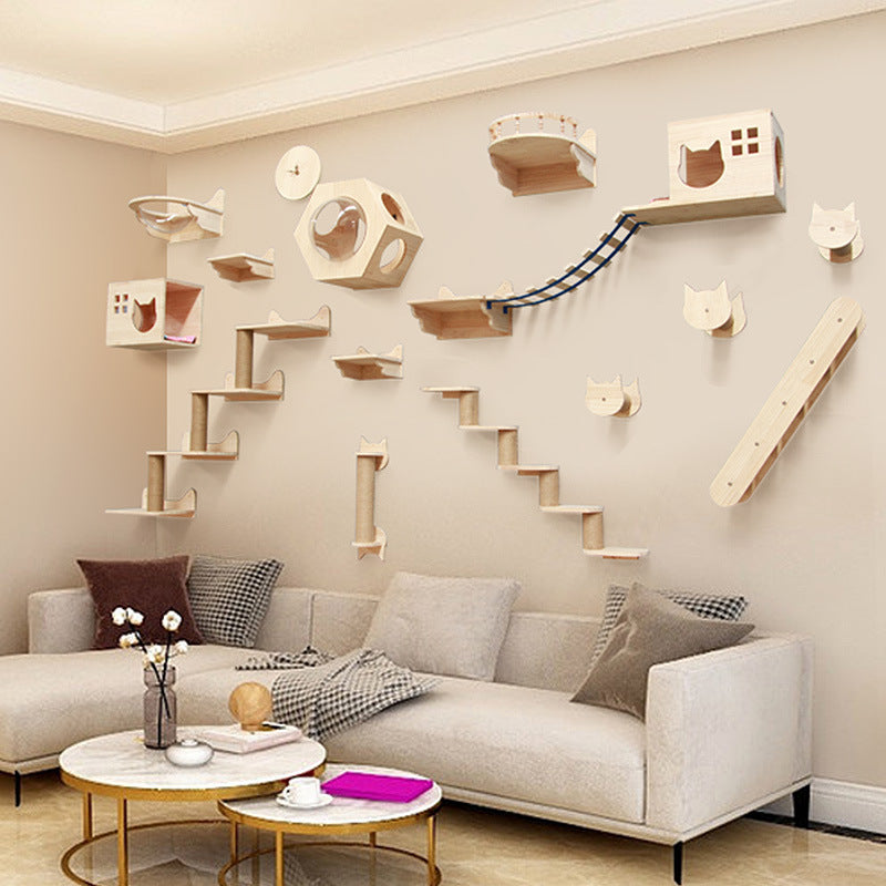 Solid Wood Wall-Mounted Cat Climbing Frame - Pet Accessories